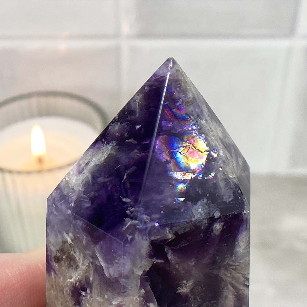 Polished Rainbow Snowflake Fluorite Tower