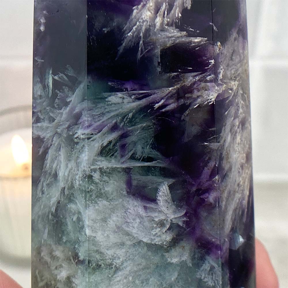 Polished Rainbow Snowflake Fluorite Tower