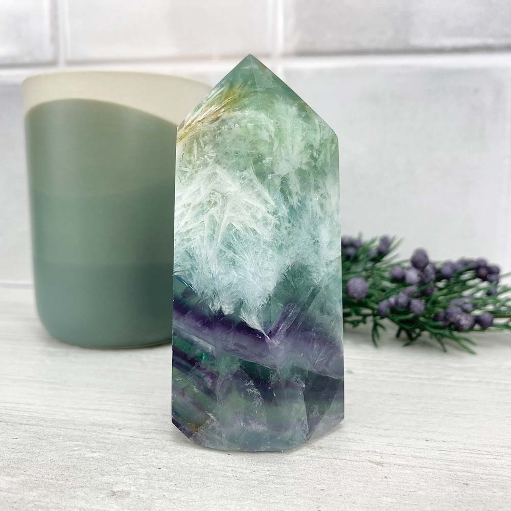 Polished Rainbow Snowflake Fluorite Tower