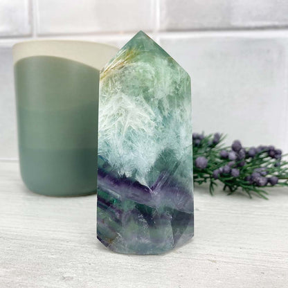 Polished Rainbow Snowflake Fluorite Tower