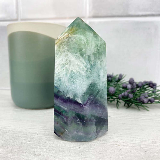 Polished Rainbow Snowflake Fluorite Tower