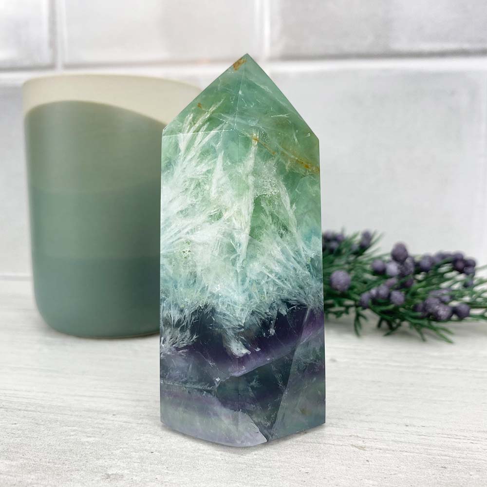 Polished Rainbow Snowflake Fluorite Tower