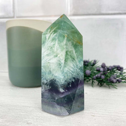 Polished Rainbow Snowflake Fluorite Tower