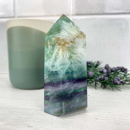 Polished Rainbow Snowflake Fluorite Tower