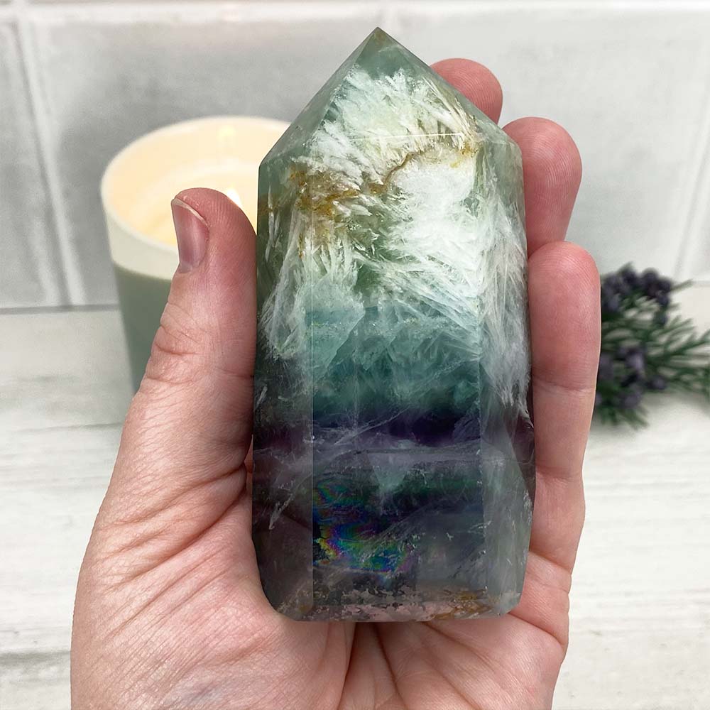 Polished Rainbow Snowflake Fluorite Tower