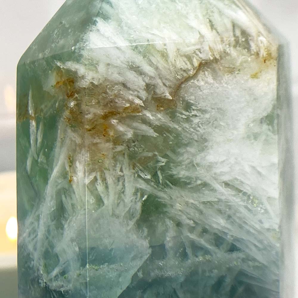 Polished Rainbow Snowflake Fluorite Tower