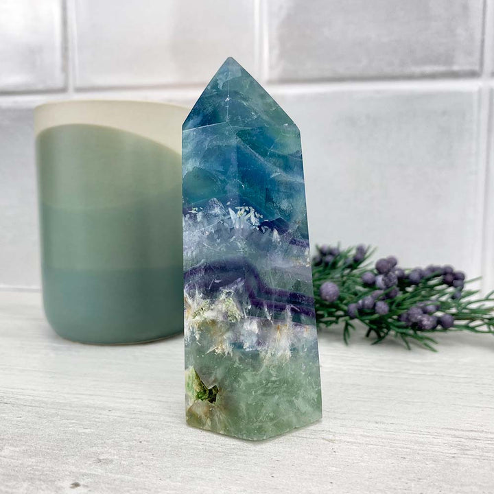 Polished Rainbow Snowflake Fluorite Tower