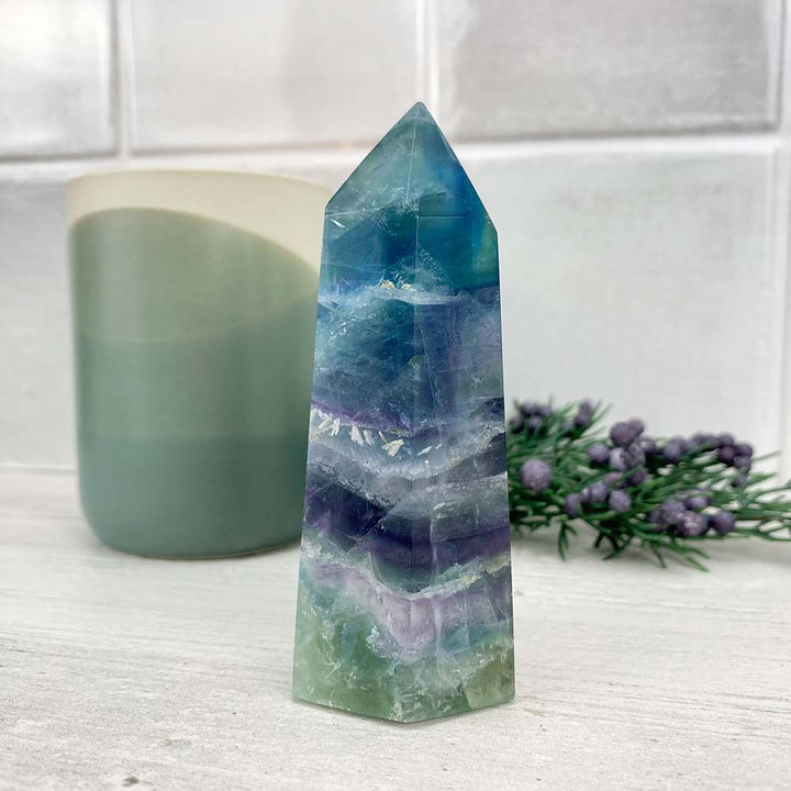 Polished Rainbow Snowflake Fluorite Tower