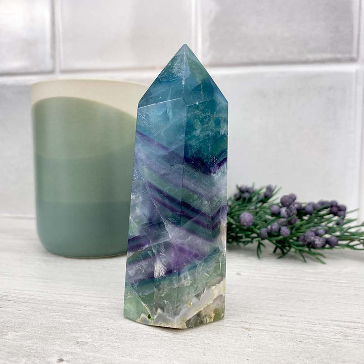 Polished Rainbow Snowflake Fluorite Tower