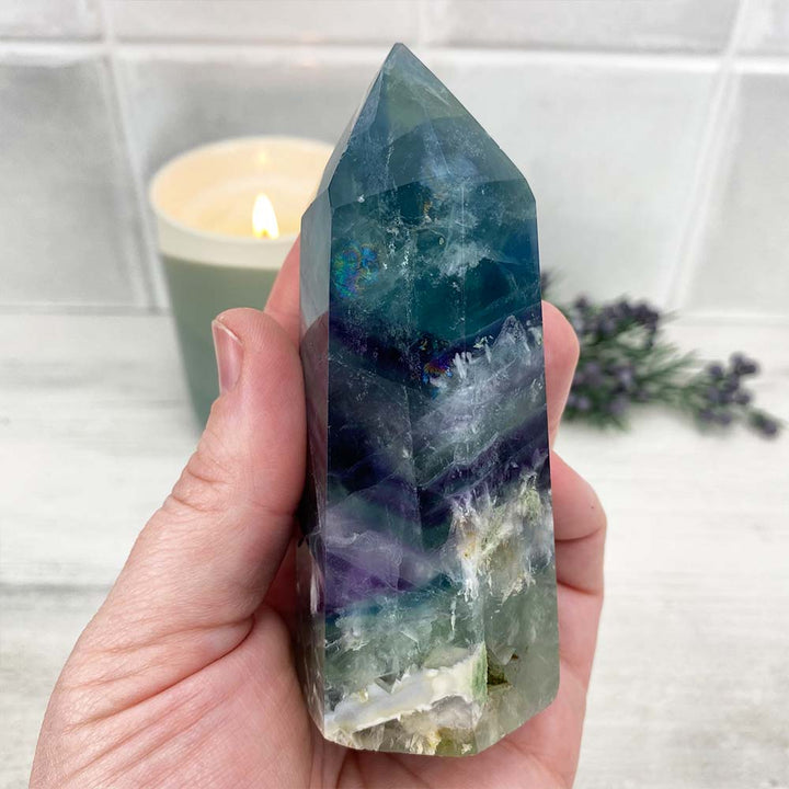 Polished Rainbow Snowflake Fluorite Tower