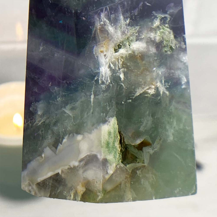 Polished Rainbow Snowflake Fluorite Tower