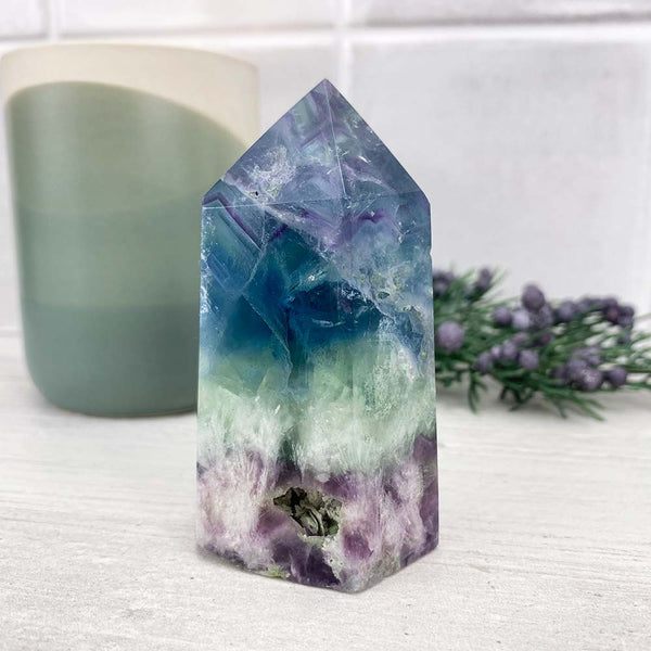 Polished Rainbow Snowflake Fluorite Tower