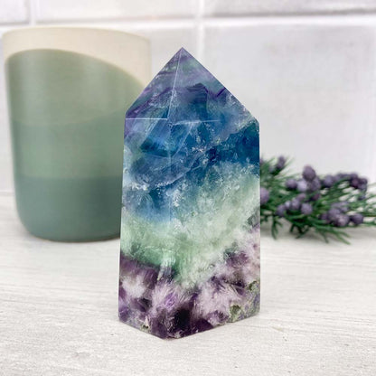 Polished Rainbow Snowflake Fluorite Tower