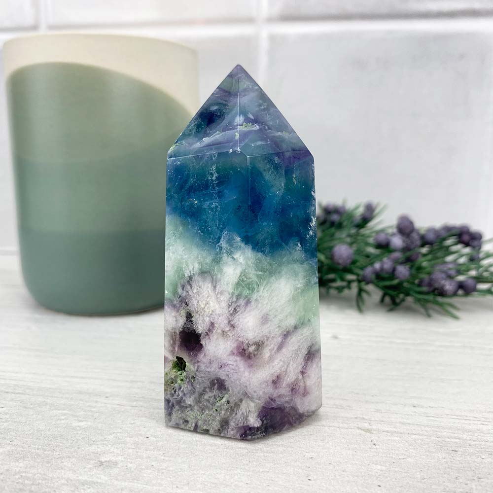 Polished Rainbow Snowflake Fluorite Tower