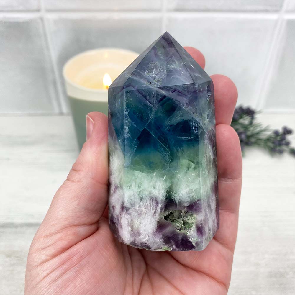 Polished Rainbow Snowflake Fluorite Tower
