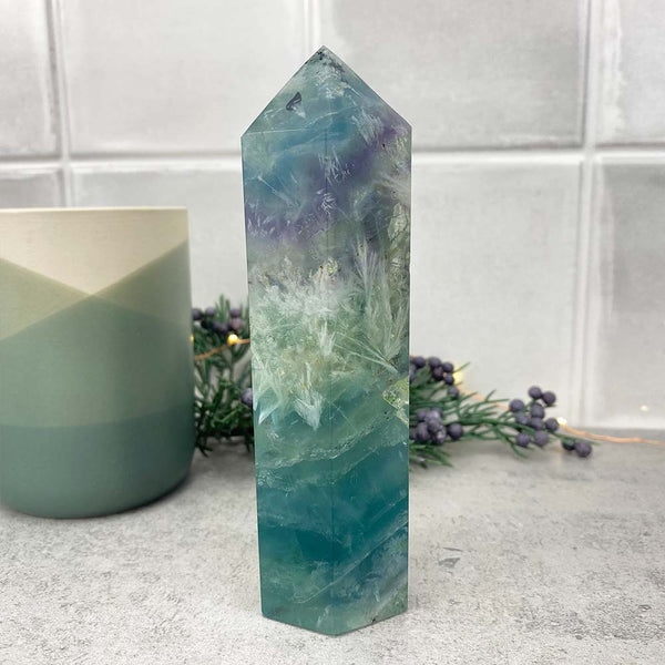 Polished Rainbow Snowflake Fluorite Tower