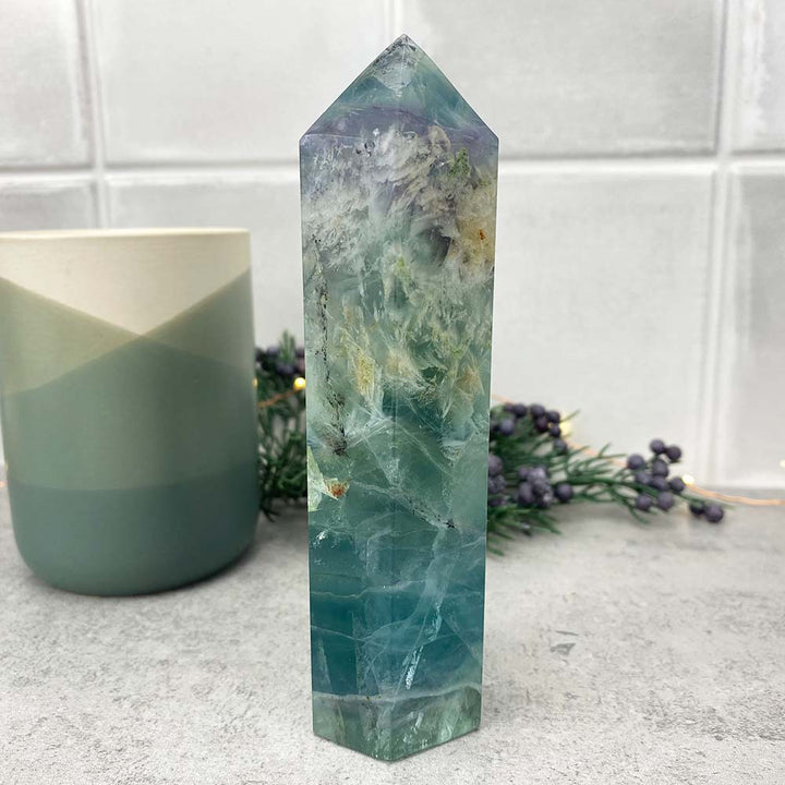 Polished Rainbow Snowflake Fluorite Tower