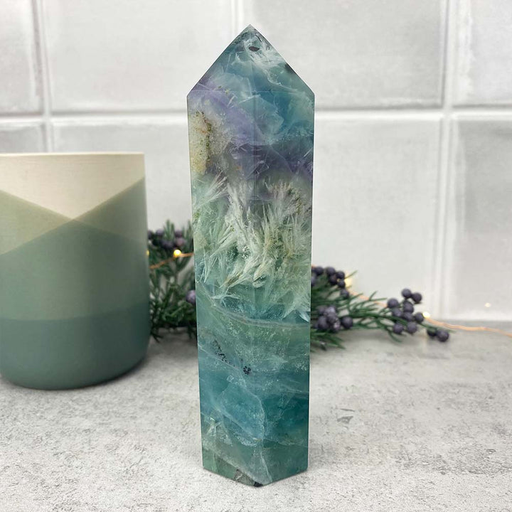 Polished Rainbow Snowflake Fluorite Tower