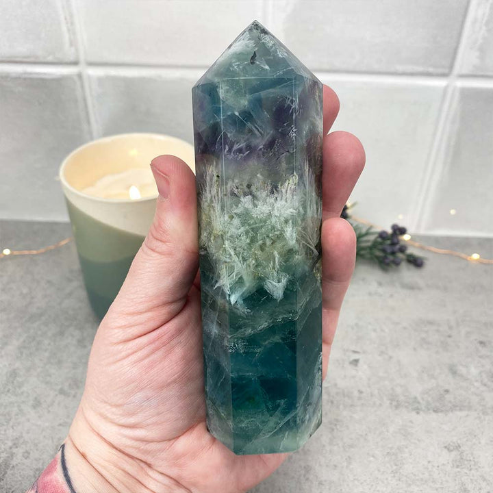 Polished Rainbow Snowflake Fluorite Tower