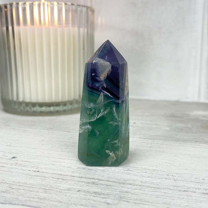 Polished Rainbow Snowflake Fluorite Tower