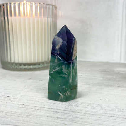 Polished Rainbow Snowflake Fluorite Tower