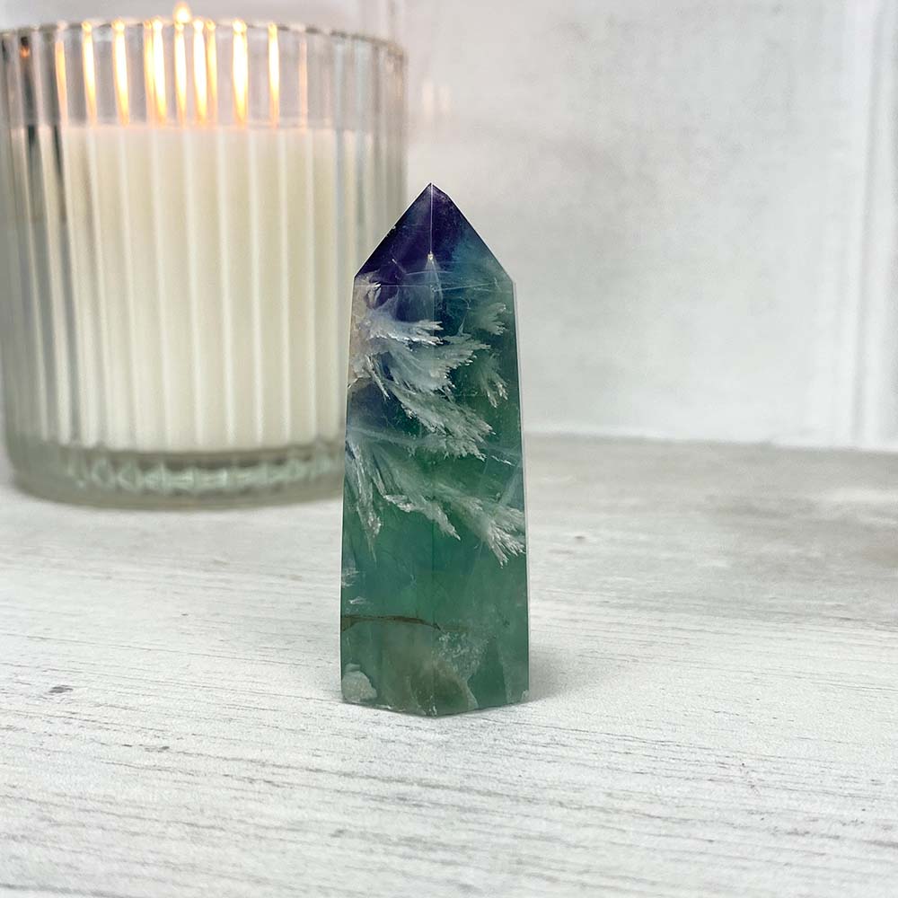 Polished Rainbow Snowflake Fluorite Tower