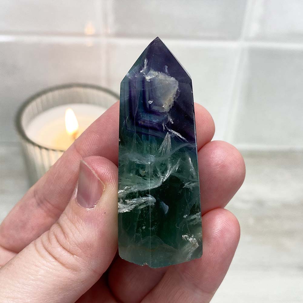 Polished Rainbow Snowflake Fluorite Tower