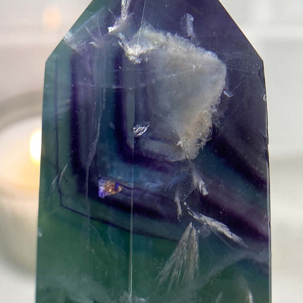 Polished Rainbow Snowflake Fluorite Tower