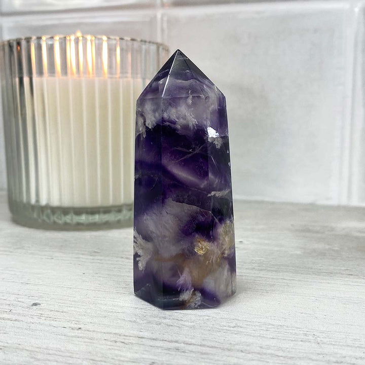 Polished Purple Snowflake Fluorite Tower