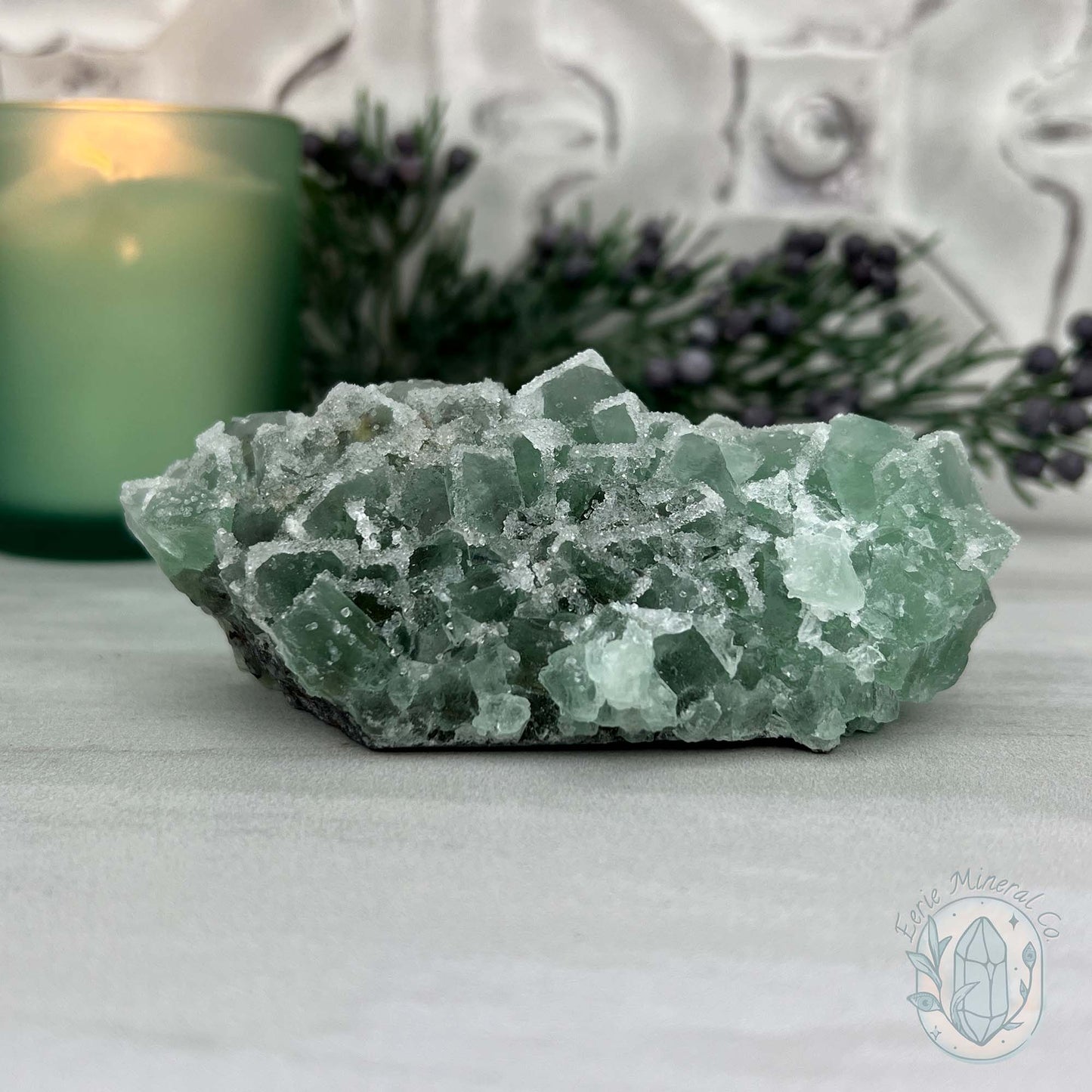 Natural Druzy Green Sugar Fluorite with Quartz SpecimenNatural Druzy Green Sugar Fluorite with Quartz Specimen