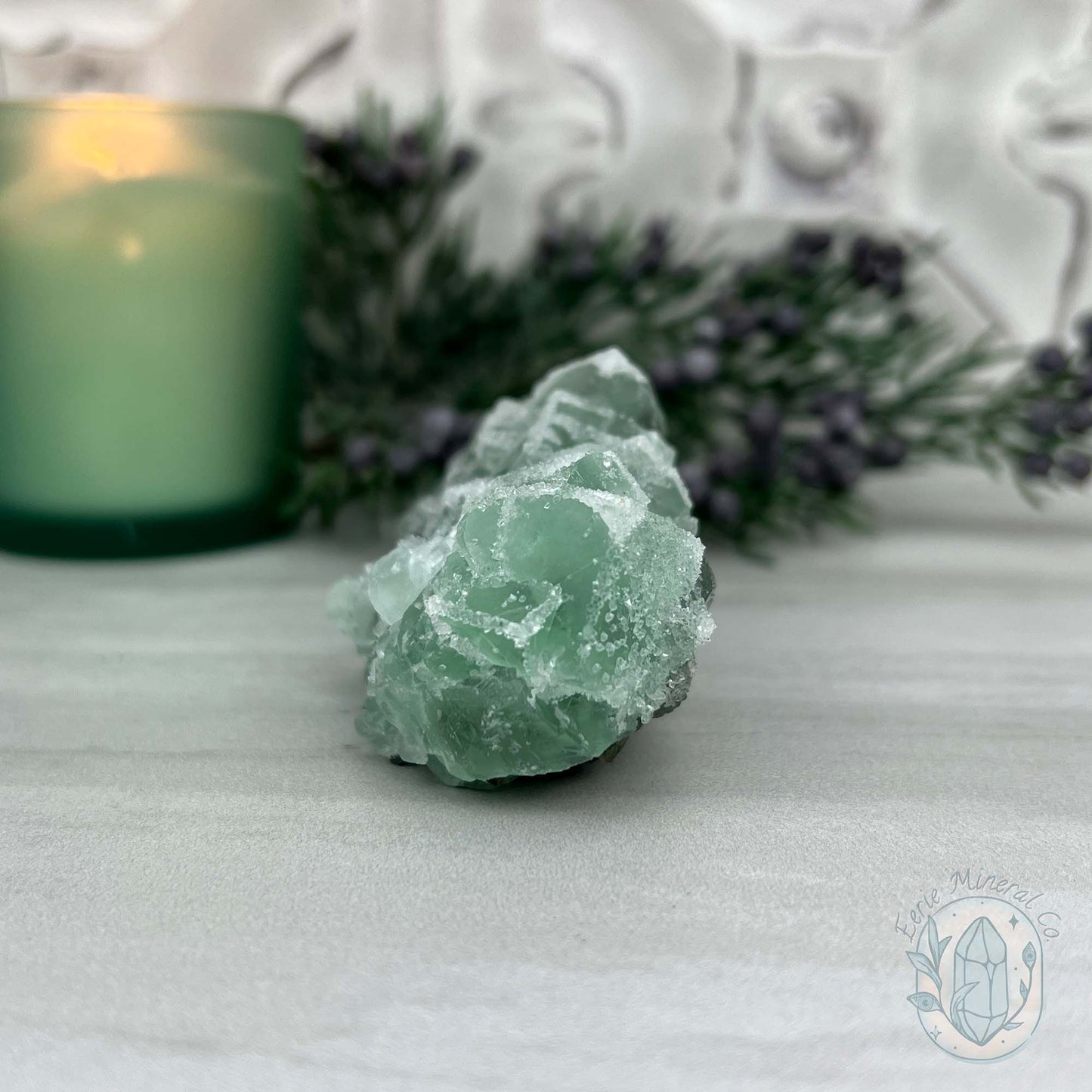 Natural Druzy Green Sugar Fluorite with Quartz Specimen