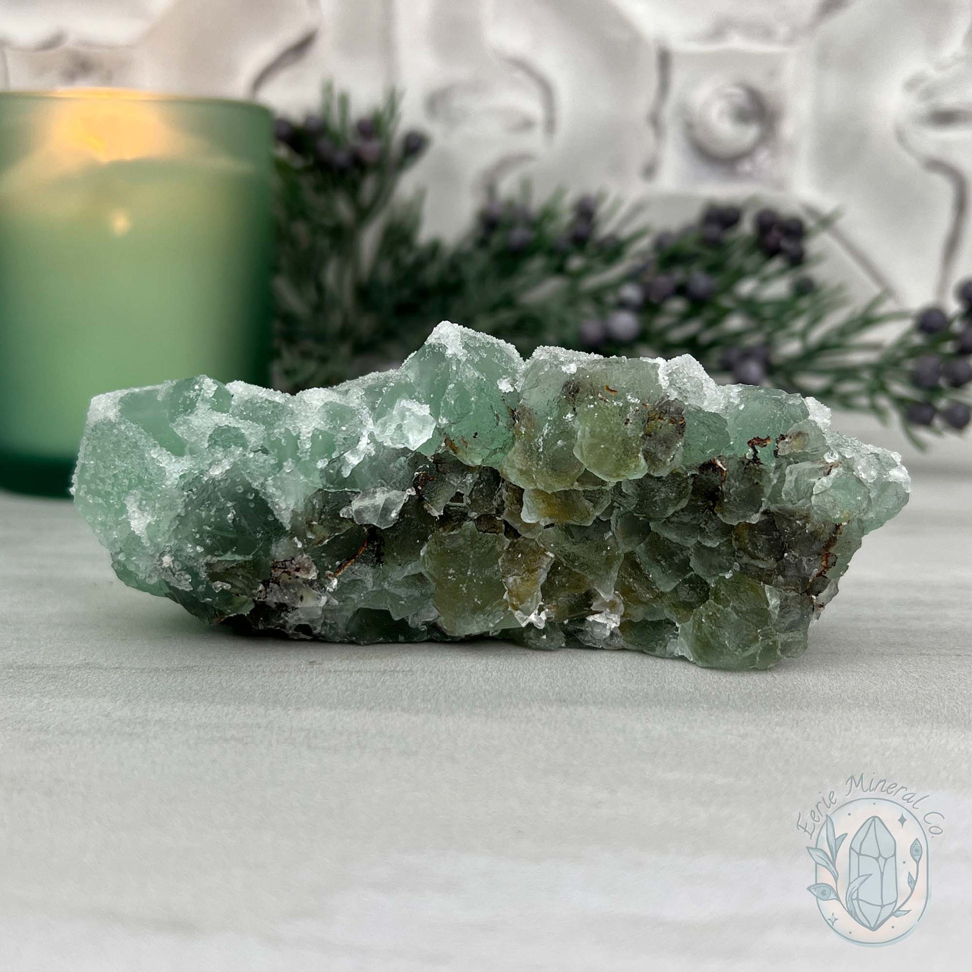 Natural Druzy Green Sugar Fluorite with Quartz Specimen