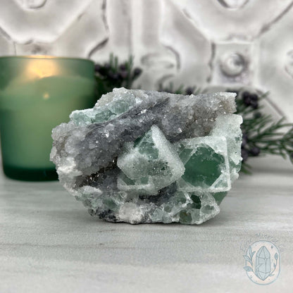 Natural Druzy Green Sugar Fluorite with Quartz Specimen