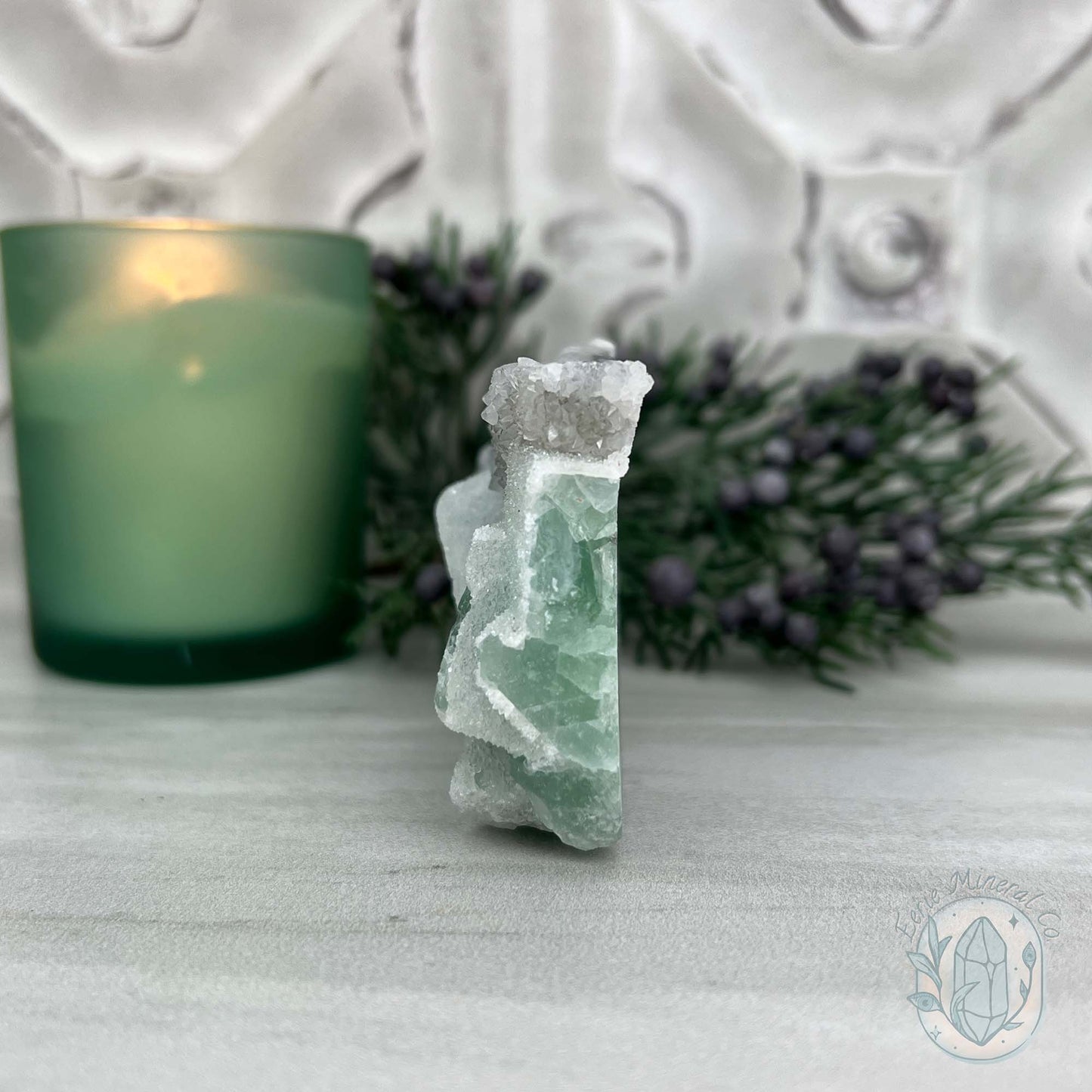 Natural Druzy Green Sugar Fluorite with Quartz Specimen