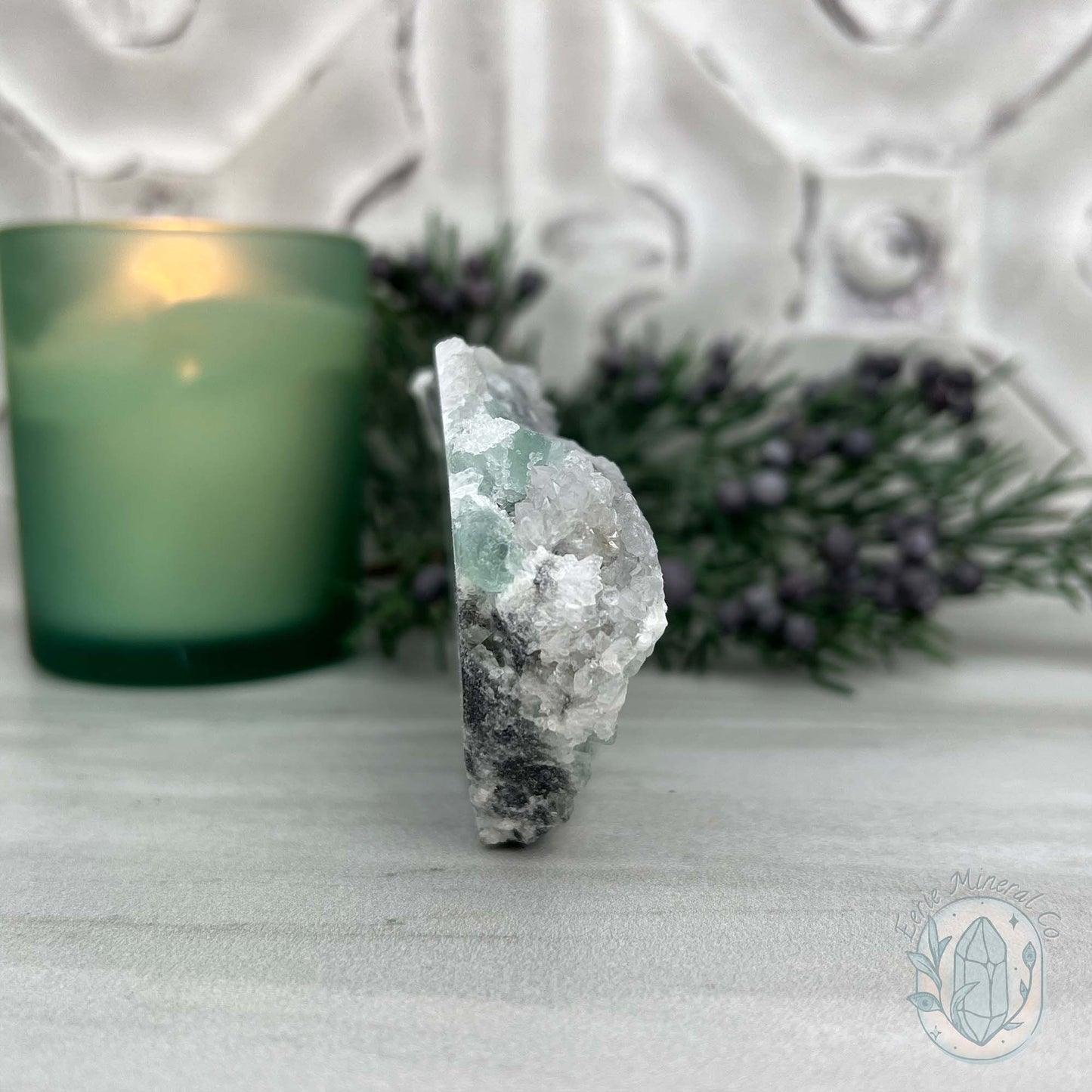 Natural Druzy Green Sugar Fluorite with Quartz Specimen