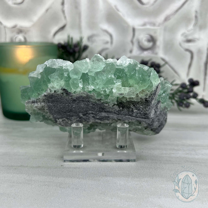 Natural Druzy Green Sugar Fluorite with Quartz Specimen