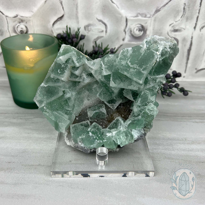 Natural Druzy Green Sugar Fluorite with Quartz Specimen