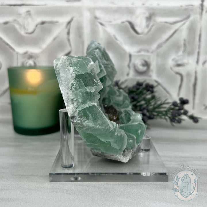 Natural Druzy Green Sugar Fluorite with Quartz Specimen