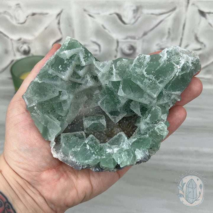 Natural Druzy Green Sugar Fluorite with Quartz Specimen