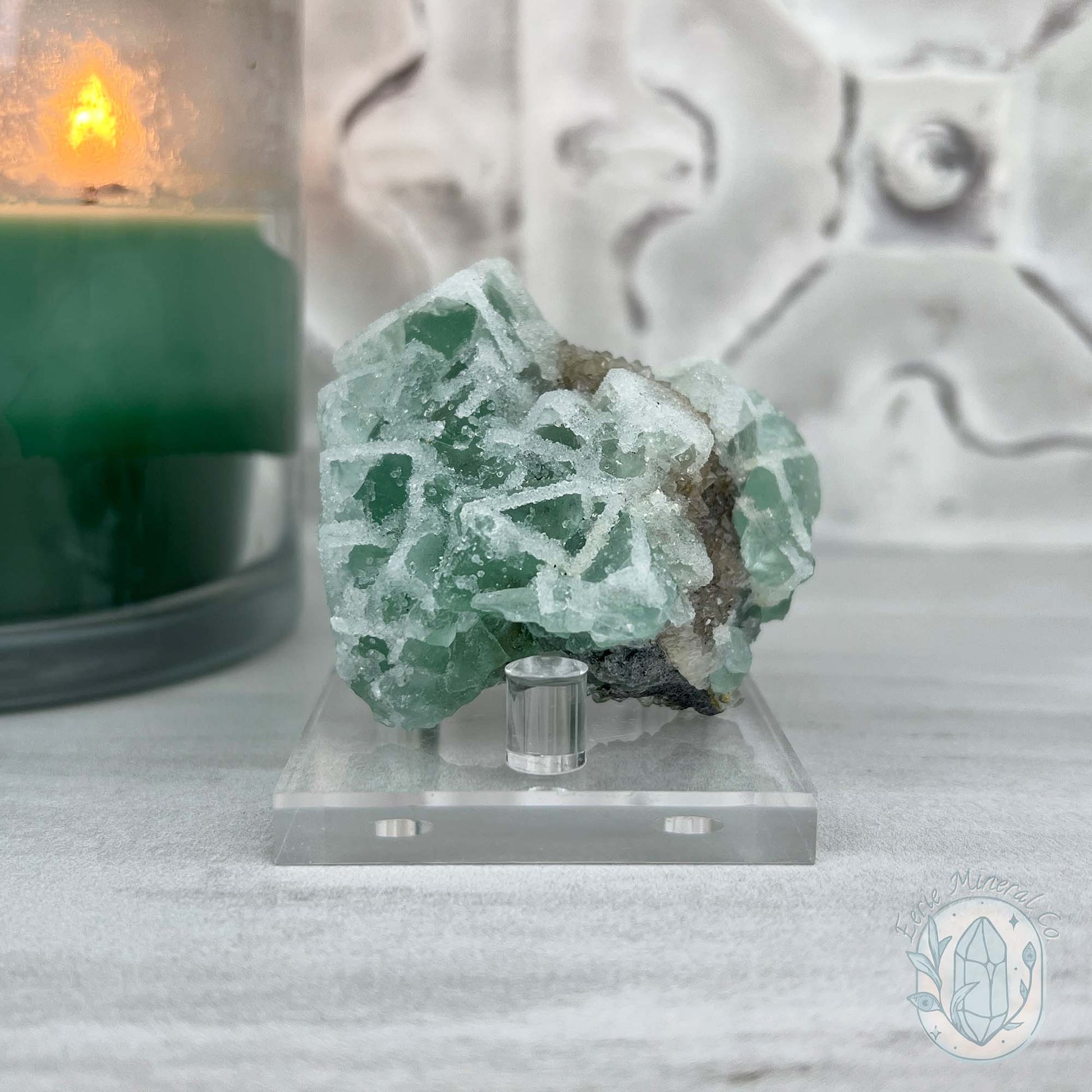 Druzy Green Sugar Fluorite Specimen with Display Stand