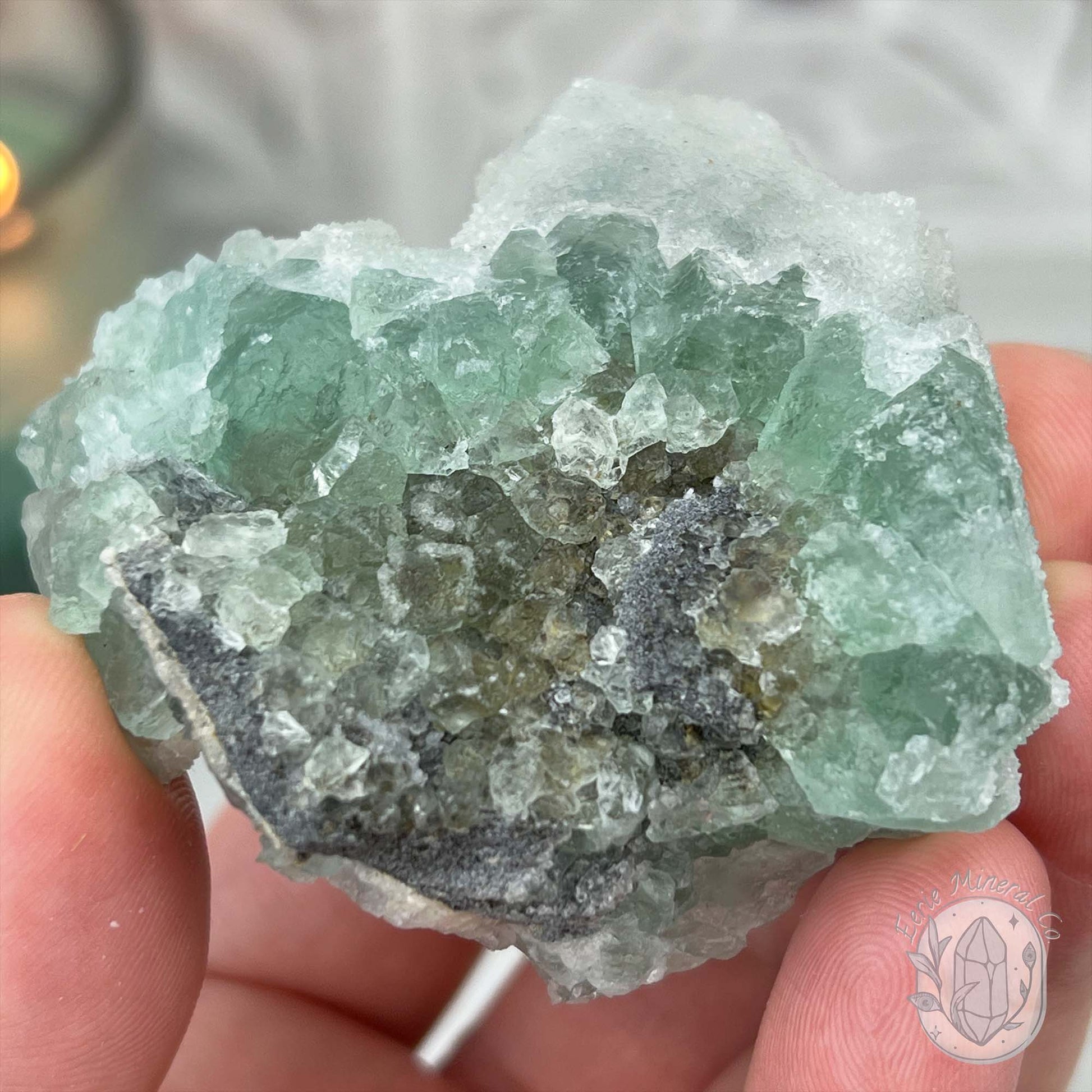 Druzy Green Sugar Fluorite Specimen with Display Stand