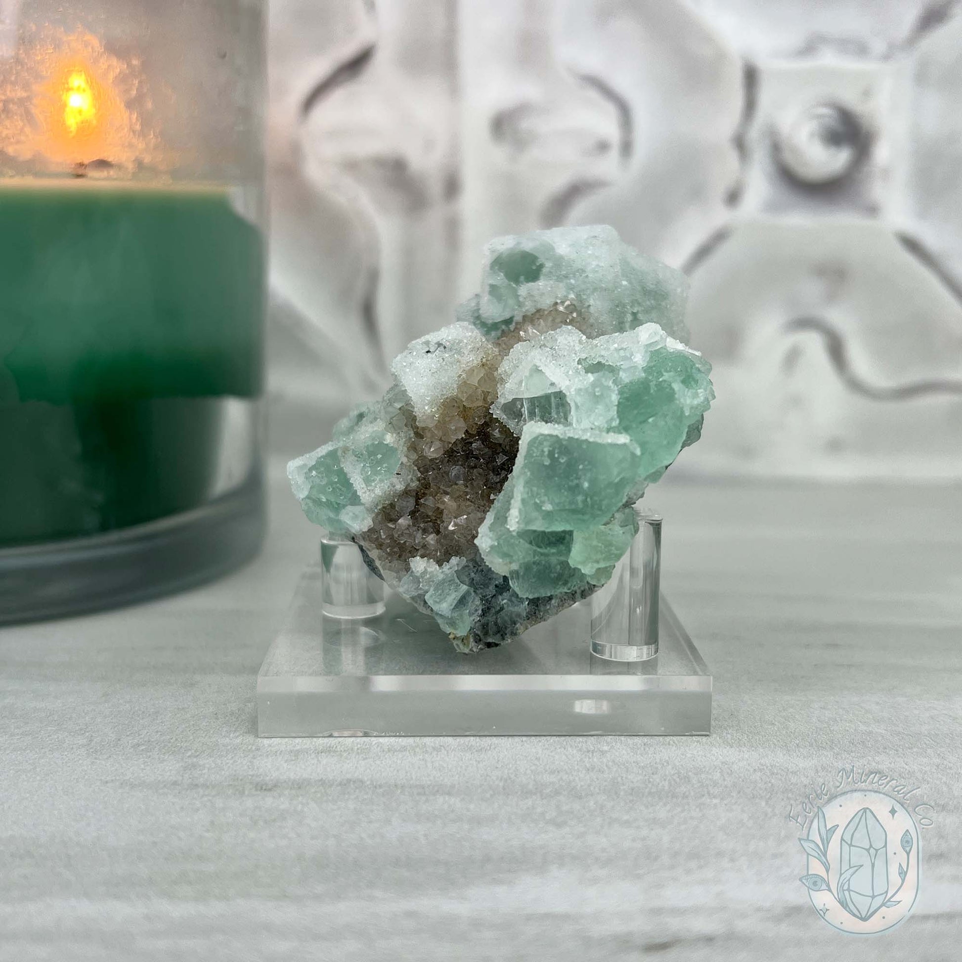 Druzy Green Sugar Fluorite Specimen with Display Stand