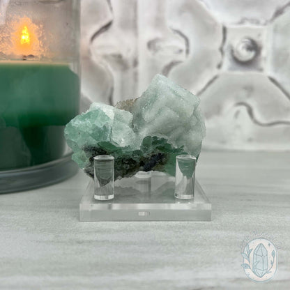 Druzy Green Sugar Fluorite Specimen with Display Stand