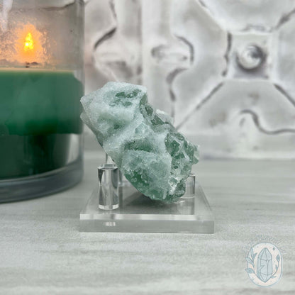Druzy Green Sugar Fluorite Specimen with Display Stand