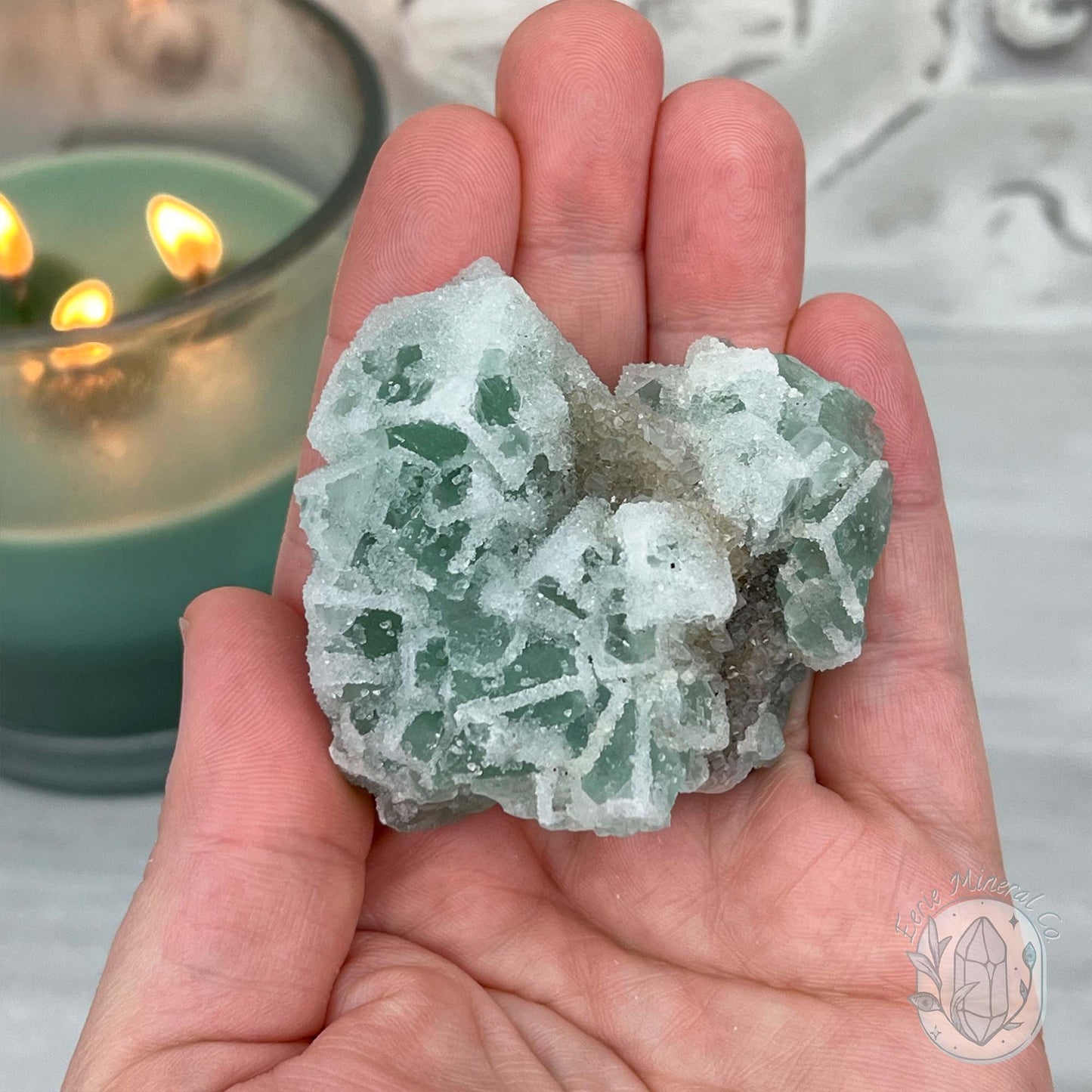 Druzy Green Sugar Fluorite Specimen with Display Stand