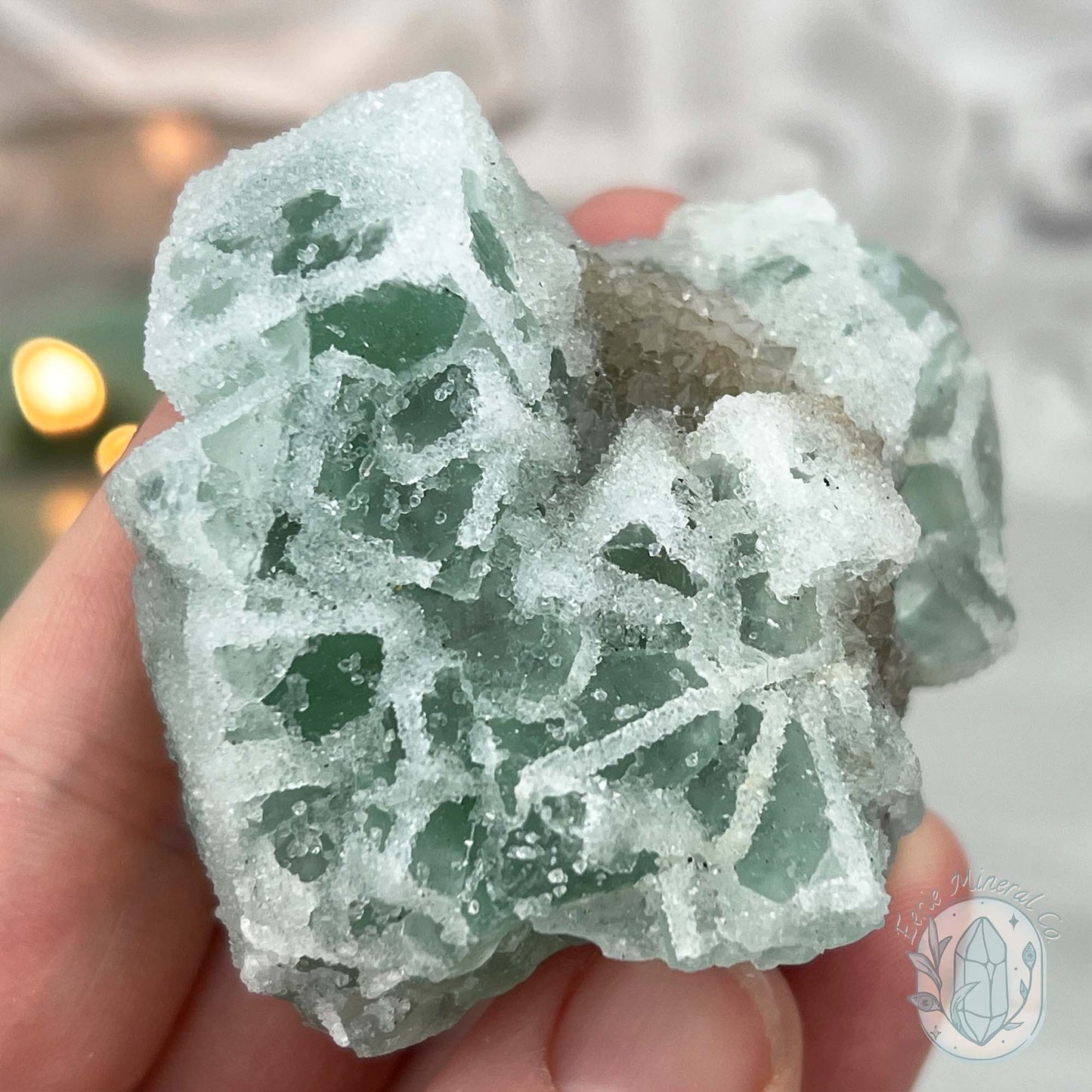Druzy Green Sugar Fluorite Specimen with Display Stand