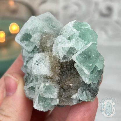 Druzy Green Sugar Fluorite Specimen with Display Stand