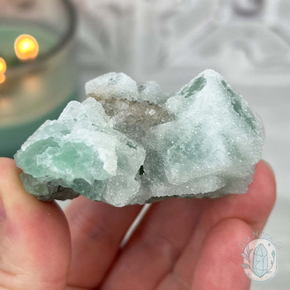 Druzy Green Sugar Fluorite Specimen with Display Stand