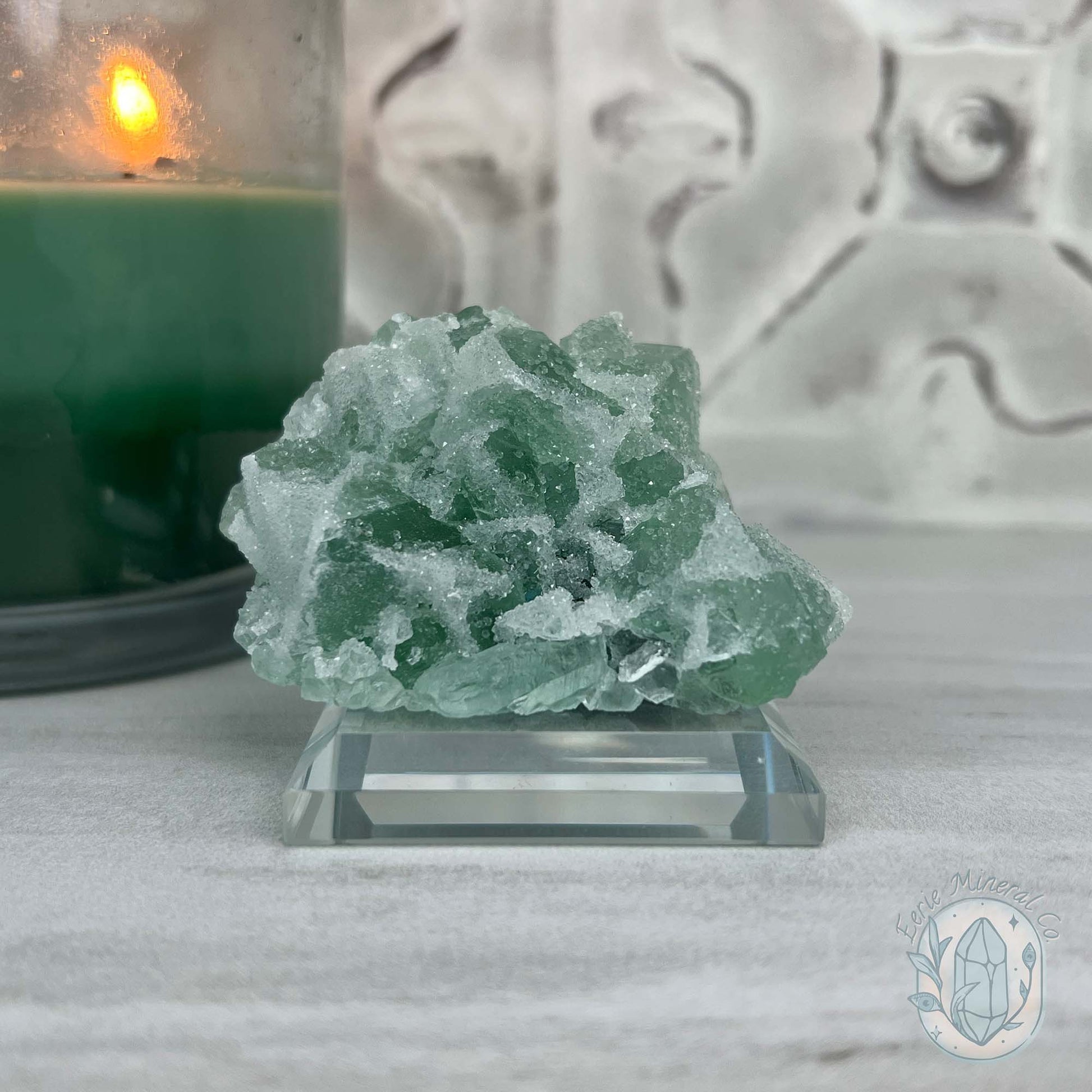 Druzy Green Sugar Fluorite Specimen with Display Stand