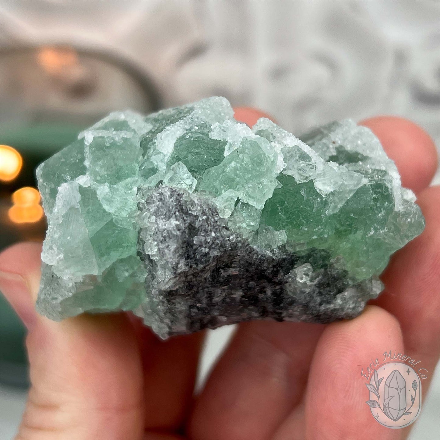 Druzy Green Sugar Fluorite Specimen with Display Stand